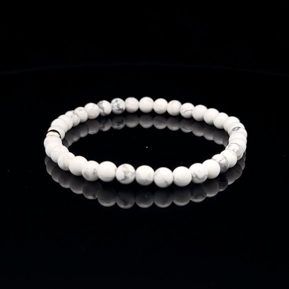 Gemstones Howlite Mini 4mm Stretchable Bracelet 14k Gold Bead Charm - Picture 3 of 5